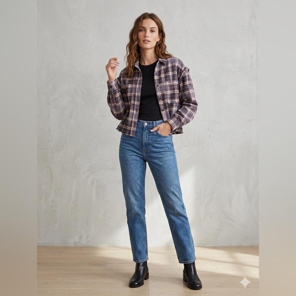 Universal thread ruffle shoulder cropped flannel plaid‎ shirt blue rust S